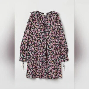 H&M Floral Mini Dress Dark Cottagecore Boho Peasant Flounce Scallop Collared  M